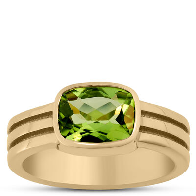 Triple Shank Cushion Cut Peridot Ring, 14K Yellow Gold