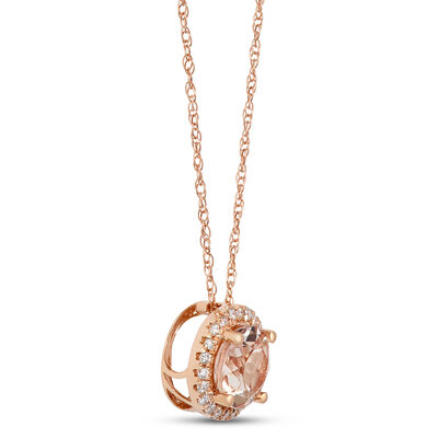Morganite and Diamond Halo Pendant Necklace, 14K Rose Gold